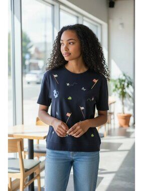 Karen Scott Vtg Womens Navy Golf-Themed Embroidered Short-Sleeve Top Navy Large